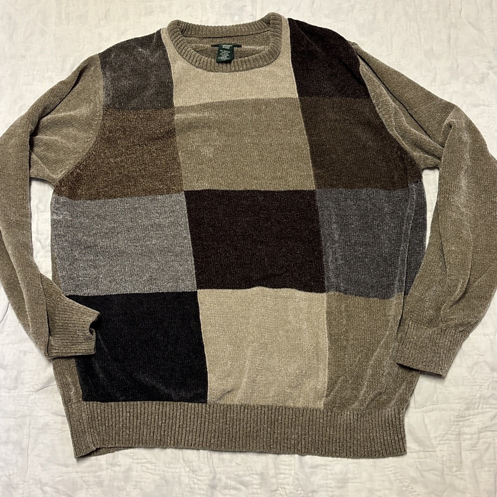 Vtg David Taylor Sweater Mens XL Crewneck Color Block  Chunky‎ Fisherman Brown
